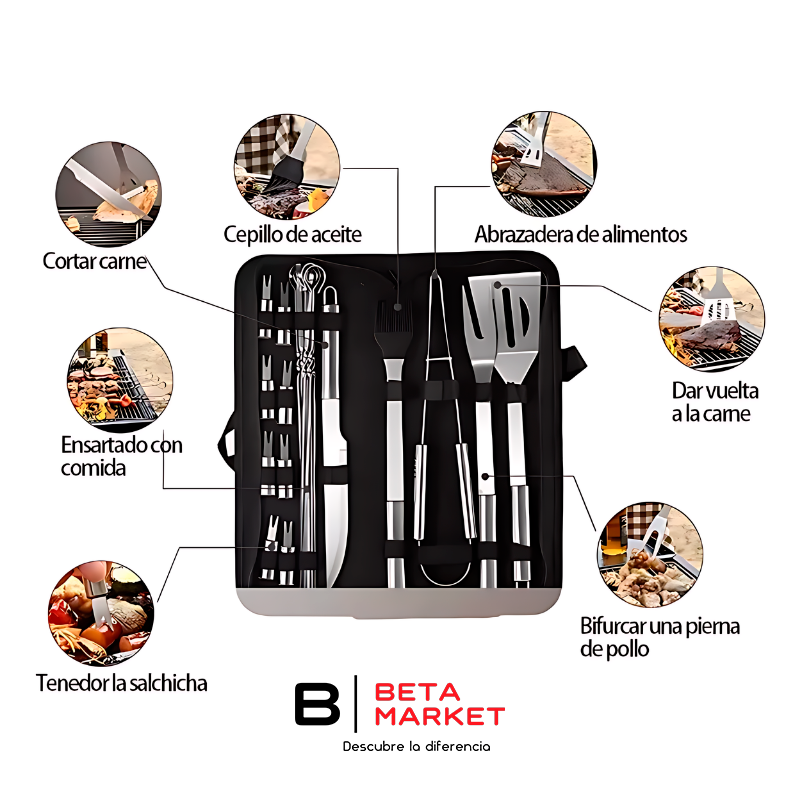 Mini Parrilla Plegable + Kit asado 18 Utensilitos